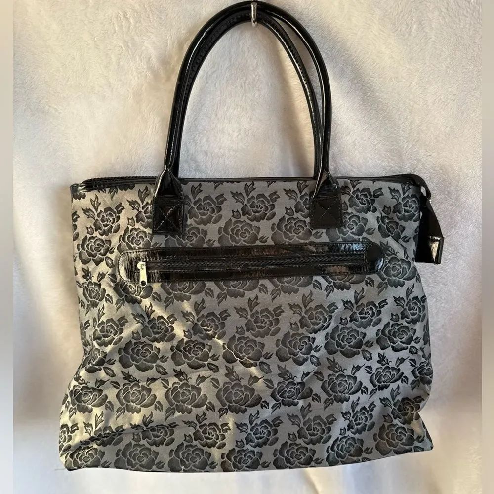 Floral Black and Gray Tote Bag with Detachable Pouch - Picture 6 of 7